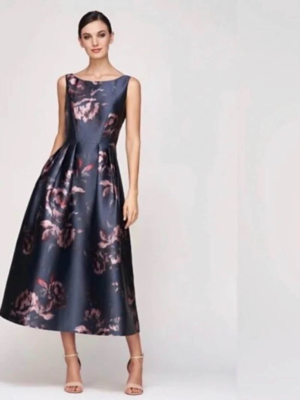 Kay Unger Sleeveless Navy Floral Midi Dress - Elegant Evening Wear 14